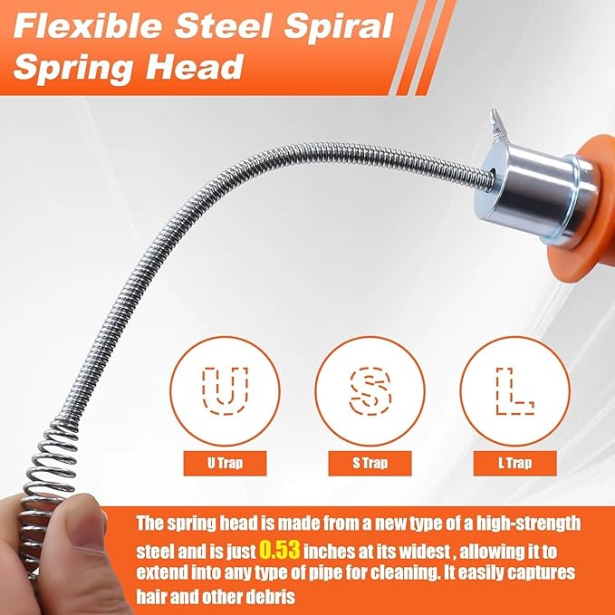 Drain Auger 25ft Clog Remover with Drill Adapter, Flexible Plumbing Snake for Kitchen, Bathroom & Shower Sinks, Hair Clog Remover, Manual or Drill Powered, Full-Set Included