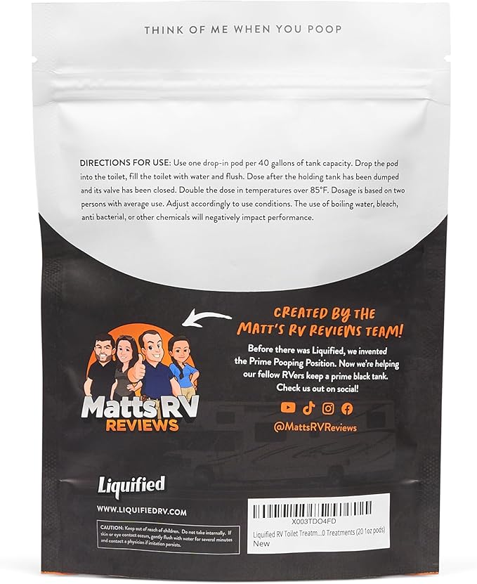 Liquified RV Toilet Treatment Drop-Ins - Prevents Tank Odors - Breaks Down Waste and Tissue - Septic Tank Safe - Matts RV Reviews - Orange Scent - 20 Treatments (20 1oz pods)