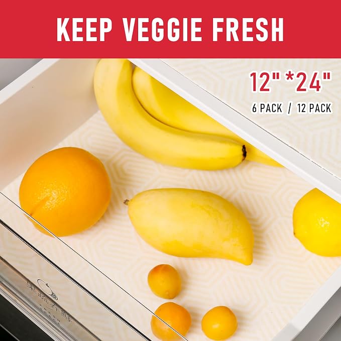 Cooyes 2 in 1 Refrigerator Liners, 6 Pack, 12“ × 24”， Fridge Drawer & Shelf Liners for Kitchen Cabinets Non-Adhesive, Breathable Cloth Material, BPAfree, Keep Produce Fresh Longer