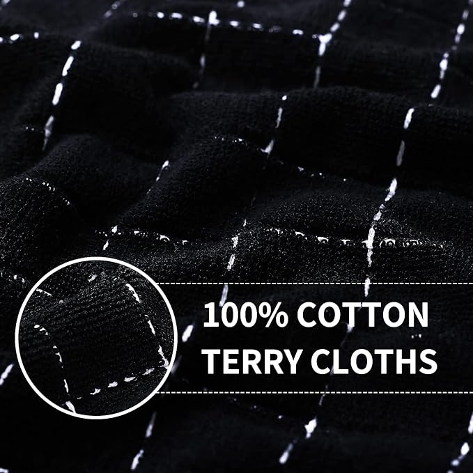 Homaxy Kitchen Towels and Dishcloths Set, 12 x 12 and 13 x 28 Inches, Set of 10 Bulk Cotton Terry Kitchen Towels Set, Checkered Designed, Soft and Super Absorbent Dish Towels, Black