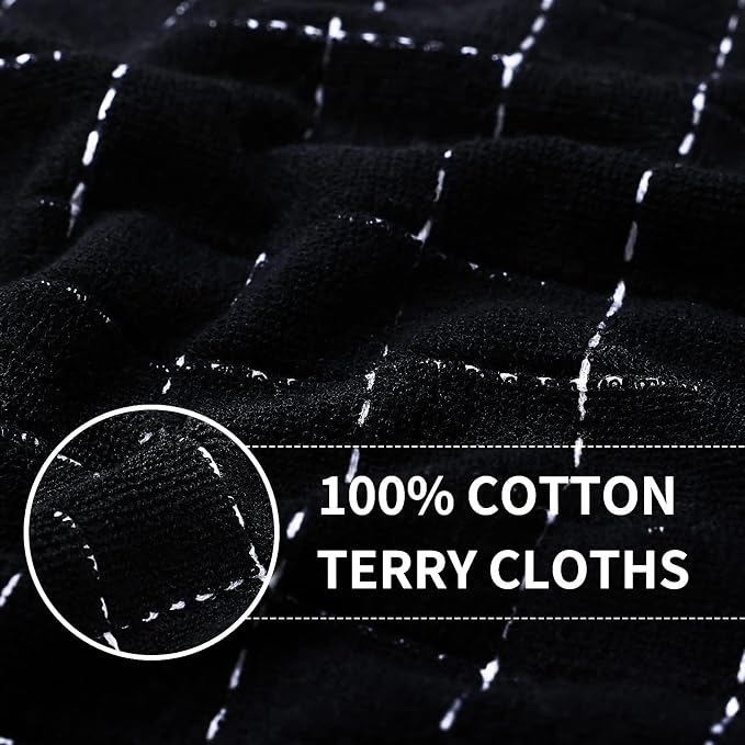 Homaxy 100% Cotton Terry Kitchen Towels(Black, 13 x 28 inches), Checkered Designed, Soft and Super Absorbent Dish Towels, 24 Pack