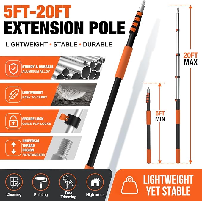 LAANPOLE Telescoping Pole, 5-20FT Aluminum Extension Pole(26FT Reach), Multi-Purpose Paint Roller for Painting, Dusting and Cleaning