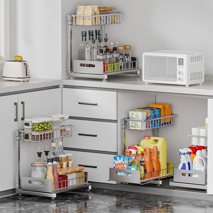 L-Shaped Under Sink Organizer, 2 Pack 2-Tier Pull Out Metal Kitchen Cabinet Organizer with Sliding Storage Drawer, Height Adjustable Heavy Duty Under Bathroom Sink Storage for Cleaning Supplies