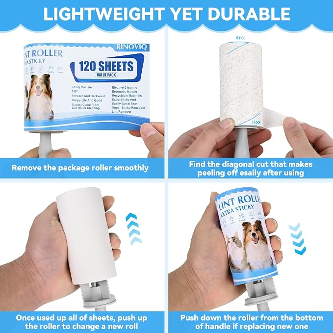 Lint Rollers for Pet Hair Extra Sticky 1200 Sheets Value Pack with 4 Handles and 10 Rolls Sticky Lint Roller for Cat Hair Dog Hair Clothes Furniture Couch