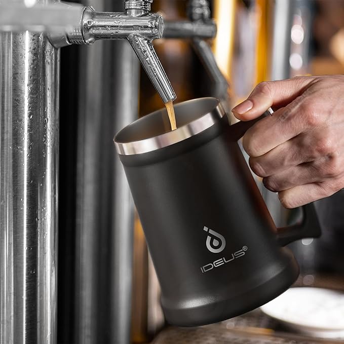 Ideus Insulated Beer Stein, 24/32oz Stainless Steel Double Walled Beer Mug Giant Bar Drinkware Metal Beer Cup with Big Grip Handle (Black, 34oz (1,000ml))