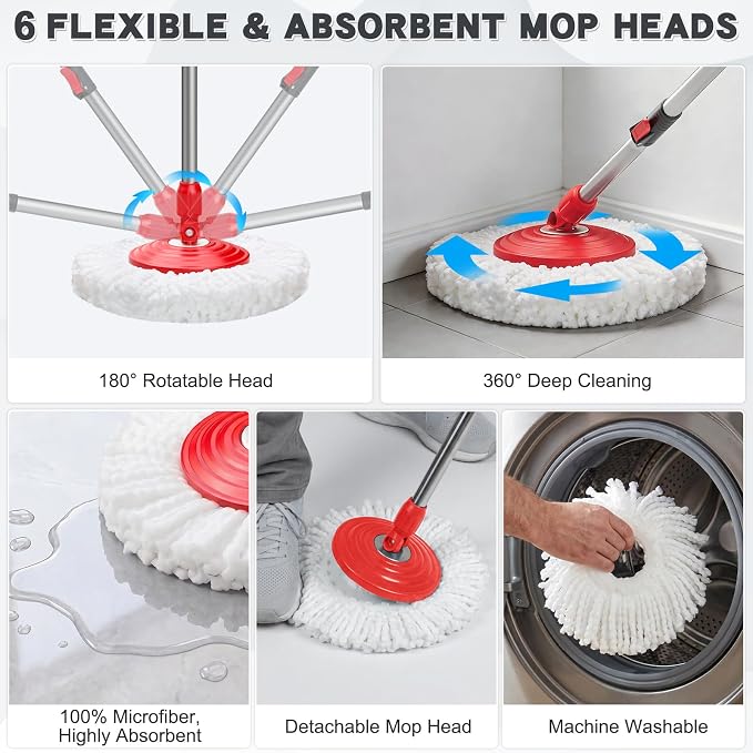 Mop and Bucket Set with Wringer, Spin Mop Floor Cleaning System with 6 Replacement Microfiber Heads & 61" Extra-Long Handle for Home Floor, Dark Grey
