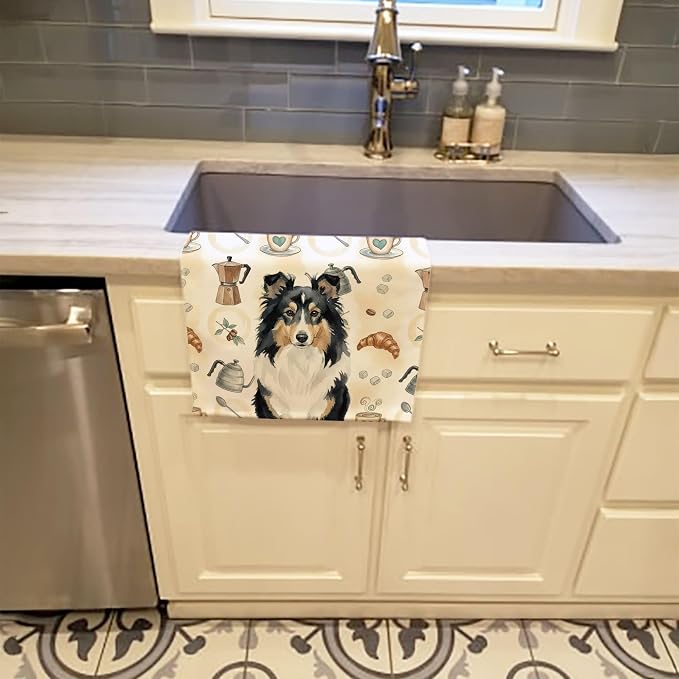 Caroline's Treasures Tricolor Sheltie Coffee Bar Kitchen Towel Velour Plush Front and Cotton Loop Back Machine Washable