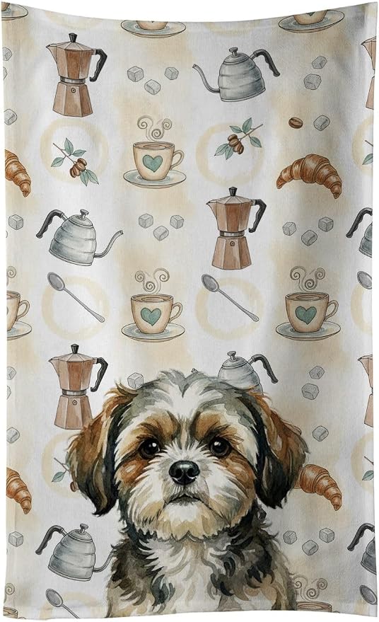 Caroline's Treasures Brindle Shih Tzu Coffee Bar Kitchen Towel Velour Plush Front and Cotton Loop Back Machine Washable