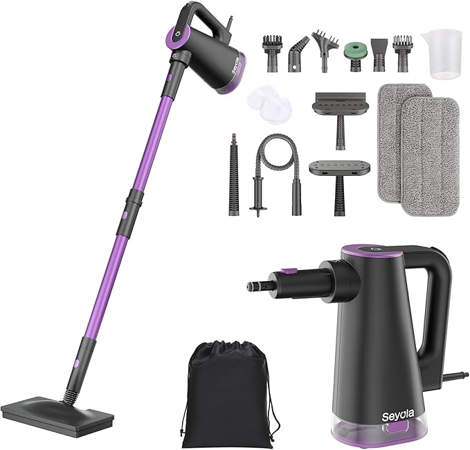 Seyola Steam Mop Cleaner for Hardwood Floor Cleaning, Hands-free Steamer Cleaner Handheld with 9-in-1 Multi-purpose Attachments for Bathroom, Windows, Sofas, Clothes, Tiles Grout (Purple-Grey)
