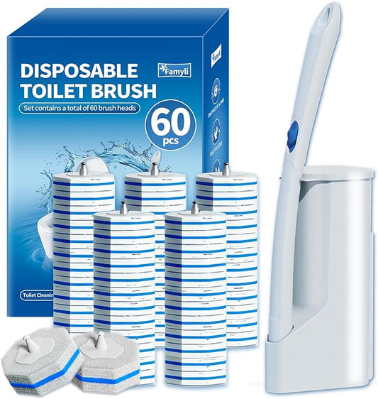 Disposable Toilet Brush Set with 60 Replacement Heads, Toilet Cleaning Replacement Pads, Starter Kit with Storage Case for Deep Cleaning and Hygienic Bathroom Maintenance