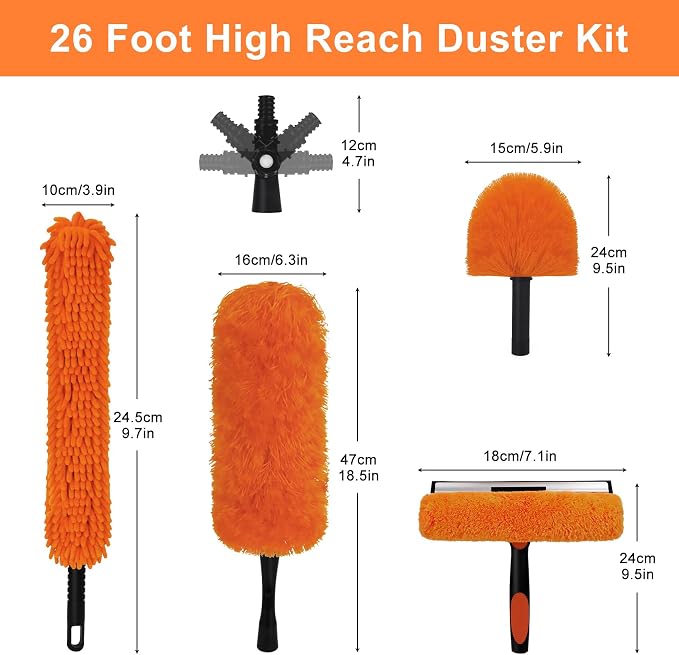 20FT High Reach Duster Cleaning Kit with 3-12FT Extension Pole, 4-in-1 Ceiling Fan Duster, Cobweb Remover, Bendable Feather Duster & Window Squeegee for High Ceilings, Walls and Outdoor Cleaning
