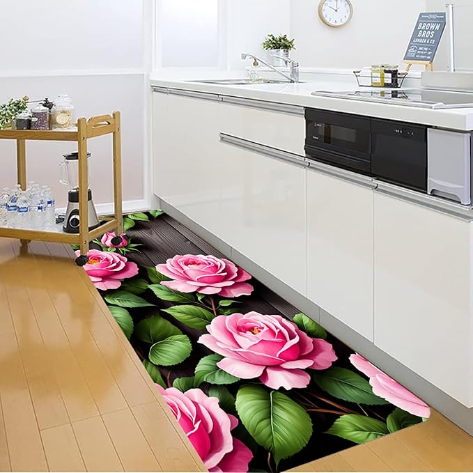 WODEJIA Non Slip Bath Rugs Sponge Foam for Bathroom,Flannel Mat Rug for Living Room, Absorbent MatS for Forlaundry Room and Kitchen,Wooden Board Flower Pattern Welcome Mat 47x18 Inches