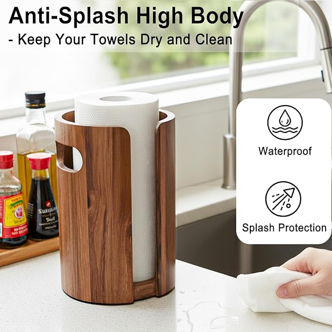 Wood Paper Towel Holder for Kitchen Countertop, Acacia Wooden Kitchen Towel Holder with Splash Guard, Handles & Weighted Non-Slip Base, Home Decor Essentials, for Kitchen, Bathroom,Apartment, RV