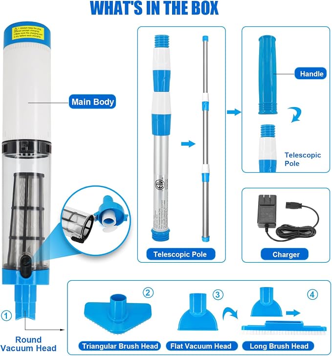 Handheld Pool Vacuum with Telescopic Pole, 3 in 1 Cordless Rechargeable Pool Vacuum, Over 100 Mins Running Time, Deep Cleaning for Above & In-ground Pools, Hot Tubs, Spas