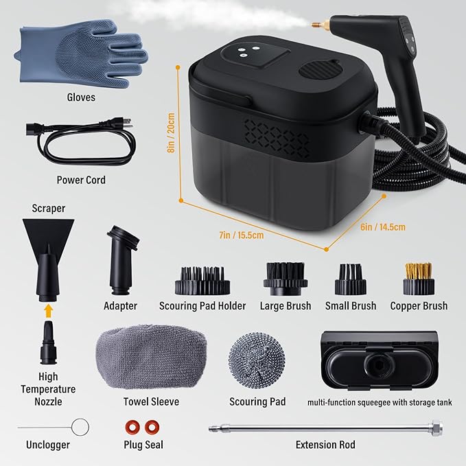 Lamberia Steam Cleaner with 16pcs Accessories, 2500W 1700ml 1.8 Quarts Tank, 6-Level Adjustable Portable Handheld Pressurized Steamer, 15s Heat-Up Steam Cleaner for Home, Car, Kitchen(Black, US Plug)