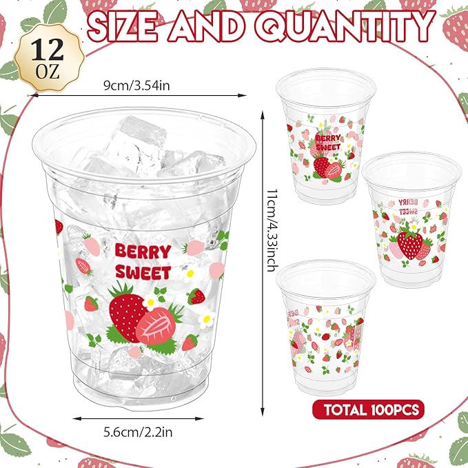 100 Pcs Strawberry Plastic Cups, 12 oz Disposable Cups Pink Clear Strawberry Party Drinking Cups for Summer Spring Party Birthday Baby Shower Supplies