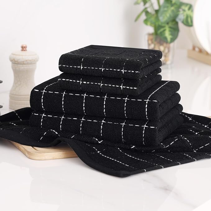Homaxy Kitchen Towels and Dishcloths Set, 12 x 12 and 20 x 28 Inches, Set of 8 Bulk Cotton Terry Kitchen Towels Set, Checkered Designed, Soft and Super Absorbent Dish Towels, Black