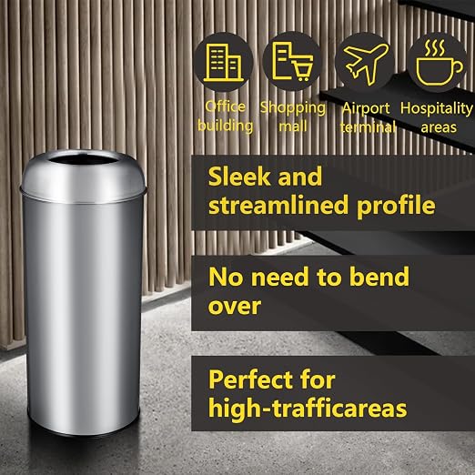 Towallmark 65L/17Gal Heavy Duty Open Top Commercial/Kitchen Trash Can, Fingerprint-Resistant Waste Bin for Office Bedroom Restaurant, Brushed Stainless Steel