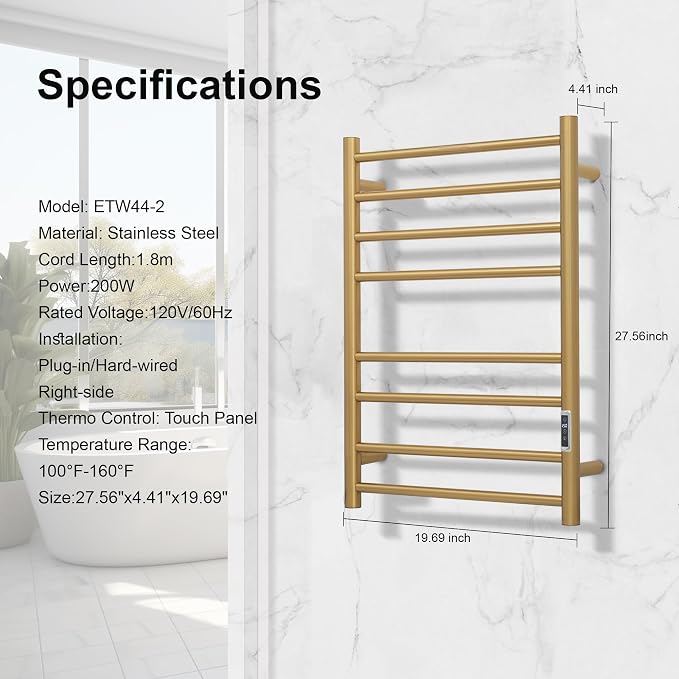 Electric Heated Towel Warmer - Wall Mounted Bathroom Towel Rack, Plug-in Design & Gold Brushed Stainless Steel Finish 8 Bar Gold with Timer & Temperature Control