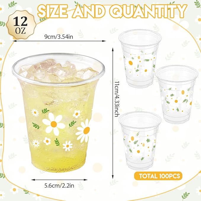 100 Pcs Daisy Party Plastic Cups 12 oz Disposable Theme Drinking Cups Retro Boho Hippie Groovy Daisy Flower Cups for Spring Birthday Party Baby Shower Party Supplies