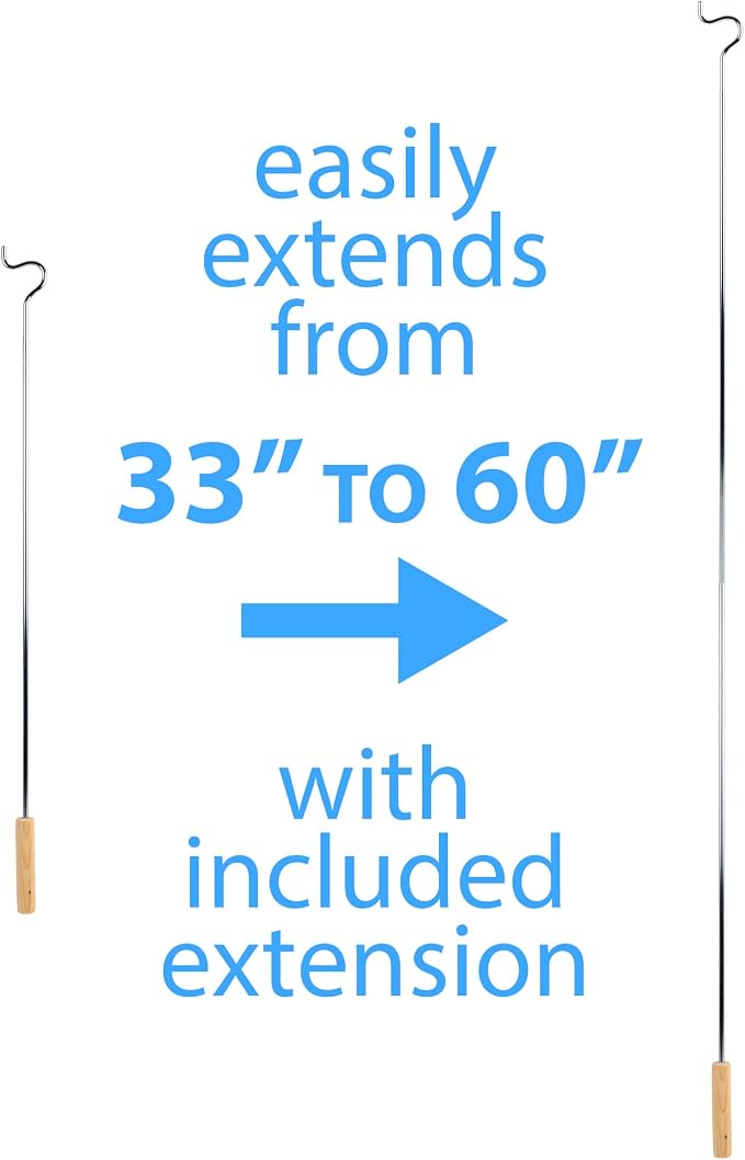 Closet Reacher Pole with Hook and Wooden Handle, Heavy Duty - Adjustable 2.75-5 Feet, Chrome Plated Steel Clothing Hanger Shepherds Hook to Easily Reach Clothes etc - Perfect for College Dorm