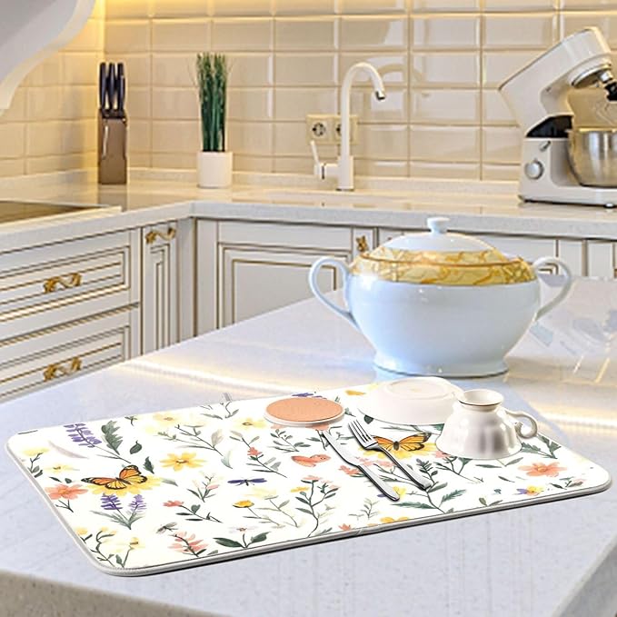 Watercolor Flowers Microfiber Dish Drying Mat Absorbent Dish Draining Mat Large Size 18 x 24 Dishes Drainer Mat for Countertop Dish Drying Pads