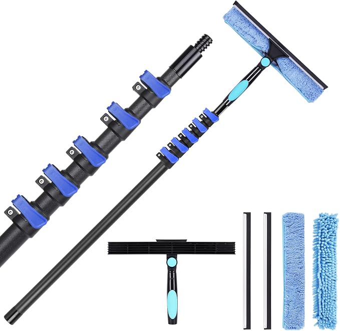 DOBEN 24-Foot Carbon Fiber Window Cleaner Tool with Telescopic Extension Pole, Rotating Scrubber & Squeegee - Sturdy Lightweight Design for Indoor/Outdoor Glass Cleaning