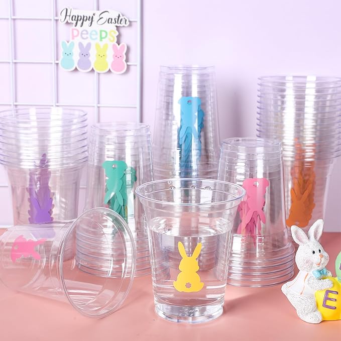 Whaline 60Pcs Easter Bunny Rabbit Disposable Plastic Cups with Lids and Straws 12oz Colorful Bunny Theme Party Cups Spring Beverage Drinking Cup for Anniversary Wedding Birthday Dinner