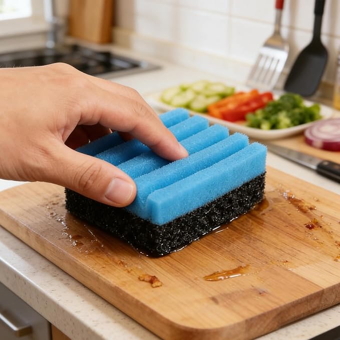 4 Pack Grill Cleaning Sponge (12207) + 2 Pack Upgrade Scraper Set - Compatible with George Foreman & Most Indoor Grills with Grooved Plates, Heat-Resistant Nylon Scraper & Non-Scratch Sponge for Easy