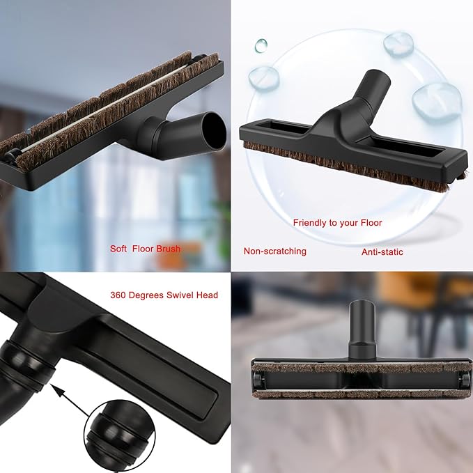 11 PCS Vacuum Accessories for Shop Vac Attachment, 2 1/2" to 1 1/4" and 1 7/8" to 1" Hose Adapter for Shop Vac, 1 1/4" 360 Degrees Swivel Vacuum Hard Floor Brush Flexible Crevice Tool