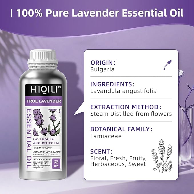 HIQILI Lavender Essential Oil Large Capacity, 100% Natural for Aromatherapy, DIY Candle & Soap Making, Skin Moisturizing. Suitable for Hotels, DIY Studios, Spas and Hair Salons - 1000ml/32 fl oz