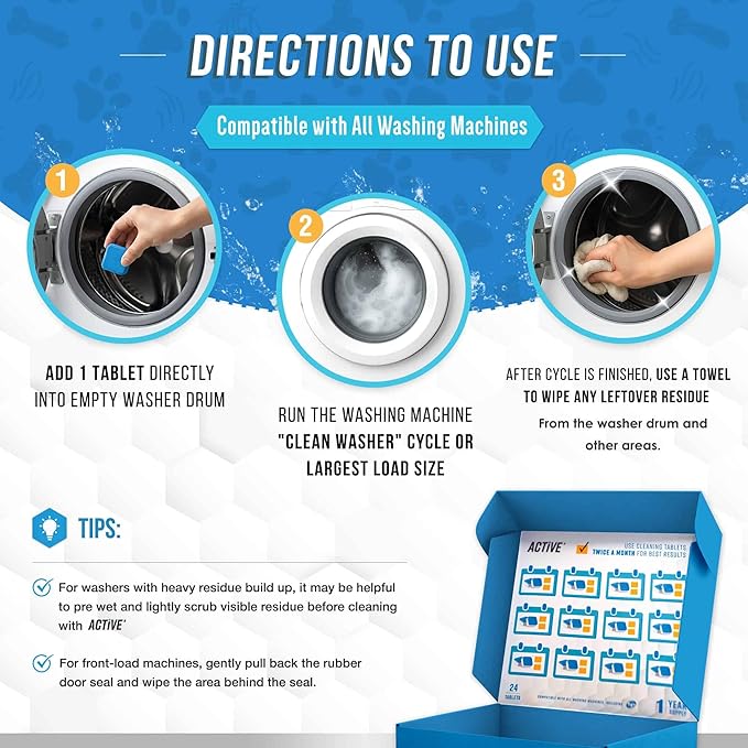 ACTIVE Washing Machine Cleaner for Pet Owners and Disposal Cleaner - Includes 24pk Pet Washer Cleaning Tablets and 24ct Garbage Disposal Cleaner Tabs