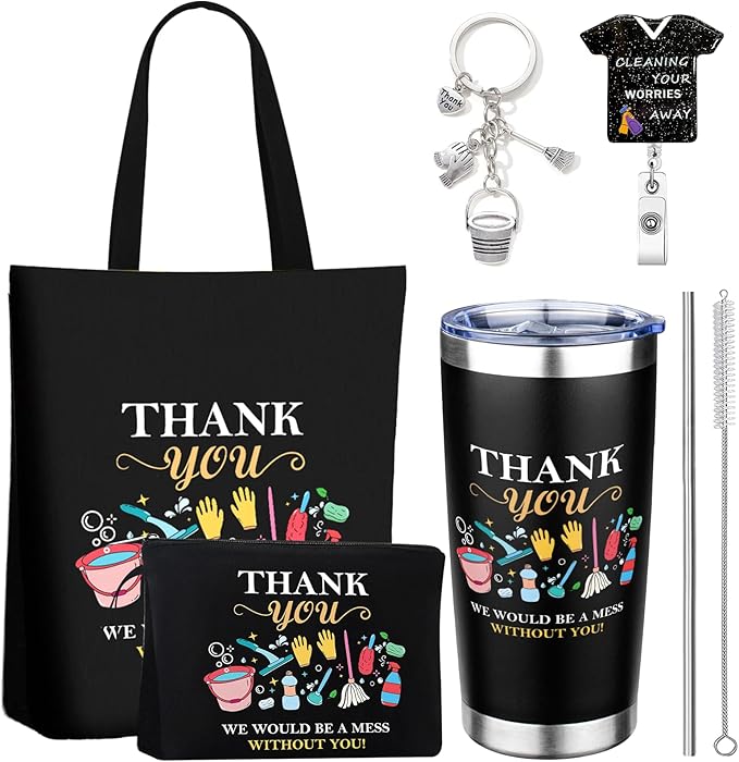 5 Pcs Housekeeping Appreciation Gifts for Women Include 20oz Tumbler Mug Canvas Bag Cosmetic Bag Keychains Badge Holder Housekeeping Week Gifts for Cleaning Lady Housekeepers