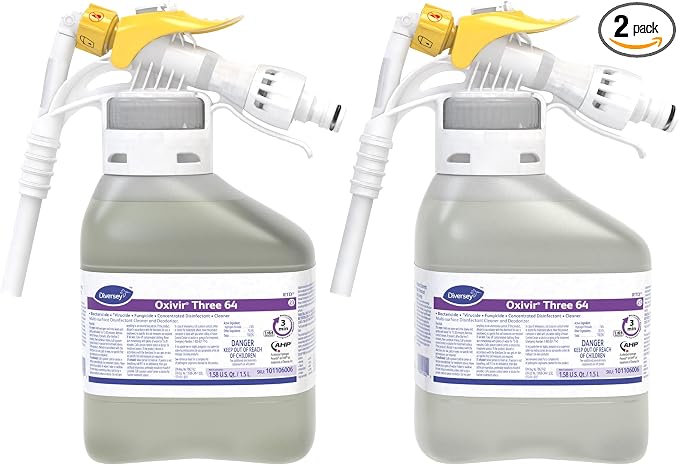 Oxivir Diversey 101106006 Three 64 Disinfectant Cleaner, Multi Purpose Hard Surface Cleaner, Hydrogen Peroxide Based Concentrate, Unscented, Ready-to-Dispense, 1.5-Liter (Pack of 2)