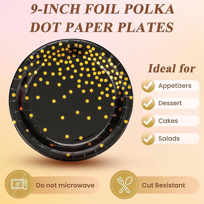 150 PCS Black and Gold Paper Plates Napkins Forks Party Supplies Serves 50, Golden Dot Disposable Paper Dinnerware 9" Plates for Birthday, New Years Eve, Graduation, Retirement Party