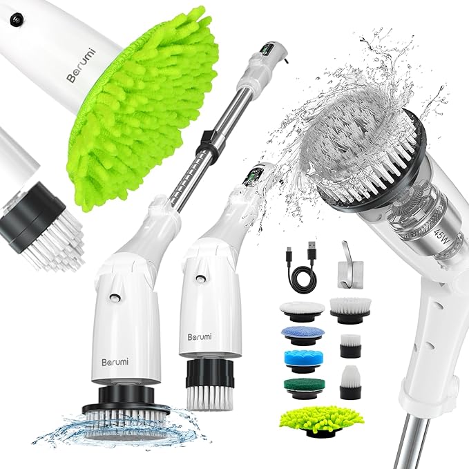 Barumi Electric Spin Scrubber – 3 Spin Modes, LED Control Panel, Adjustable Head Angles, Full Extension, Perfect for Bathroom, Kitchen, Tub, Floor & Cars – 8 Replaceable Brushes with Microfiber Pad