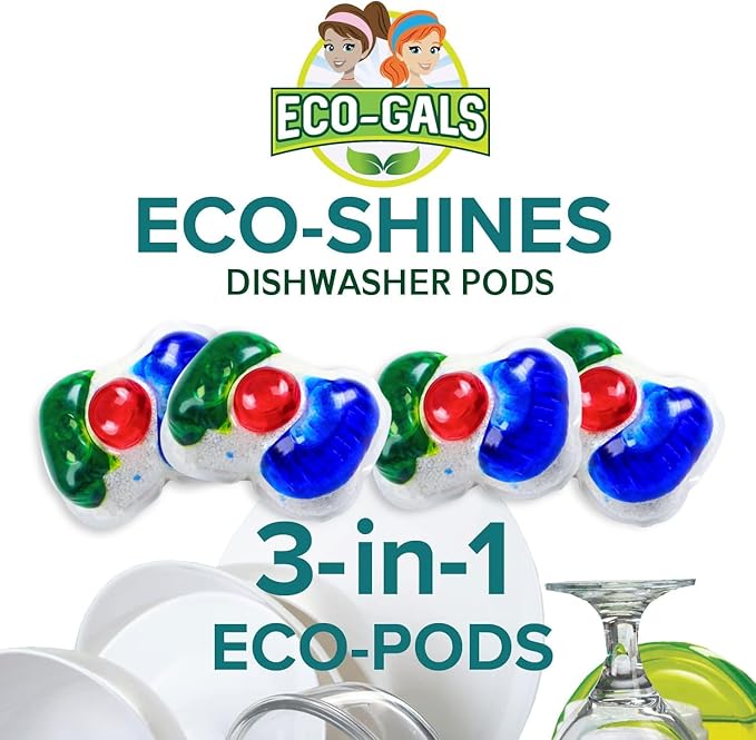 Eco-Gals Eco Scrubz Deep Dishwasher Machine Cleaner Unscented, 12 Count Tablets - 1 Year Supply plus Eco-Shines Dishwasher Detergent Pods With 3 in 1 Power of Liquid, Powder, and Gel for Brig
