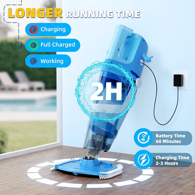 Cordless Pool Vacuum, 1950 GPH Powerful Suction, Handheld Pool Cleaner with Telescopic Pole, 60 Min Runtime, 2L Large Capacity, Rechargeable for Above Ground & Inground Pools, Spas & Hot Tubs