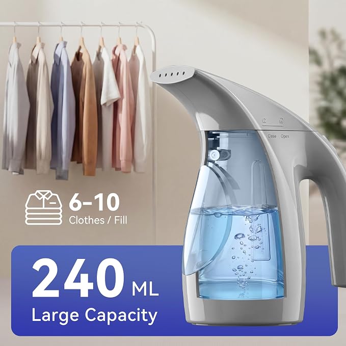 HiLIFE Steamer for Clothes, Portable Handheld Design, 240ml Big Capacity, 700W, Strong Penetrating Steam, Removes Wrinkle, for Home, Office(ONLY FOR 120V) (Silver Gray)