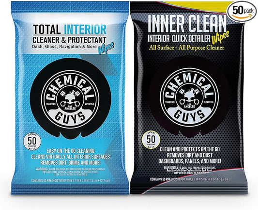 Chemical Guys Total Interior Cleaner & Protectant and InnerClean Interior Quick Detailer & Protectant Wipes for Cars, Trucks, SUVs, and RVs, 2 Pack, 50 Ct Each (100 Wipes Total)