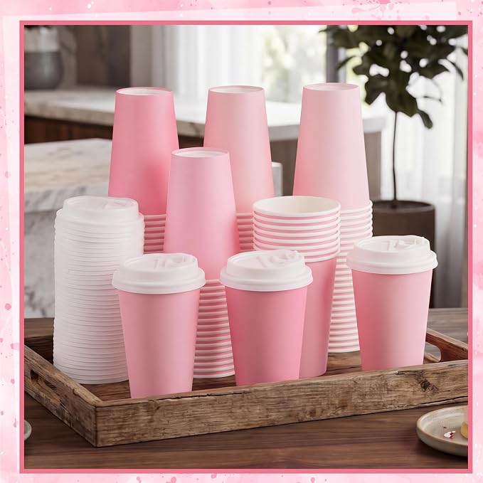 NatNarr 100 Pack Pink Coffee Cup with Lids Sleeves, 12oz Insulated To Go Paper Cups Gradient Pink Party Cups Disposable Paper Cups, Drinking Cup for Wedding Birthday Baby Shower Tea Party Supplies