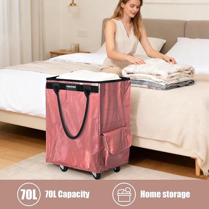(Medium,Pink) Reusable Grocery Bag on 4 Wheels, 70L Foldable Rolling Tote Bag with 3 Handles and Zipper, Rolling Shopping Cart for Groceries, Storage, Laundry, Travel, Organizer, 76lb