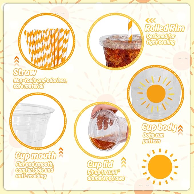 Whaline 50Pcs Boho Sun Disposable Plastic Cups with Lids and Straws 12 Oz Sunshine Cold Beverage Drinking Cups for Birthday Baby Shower Party Supplies