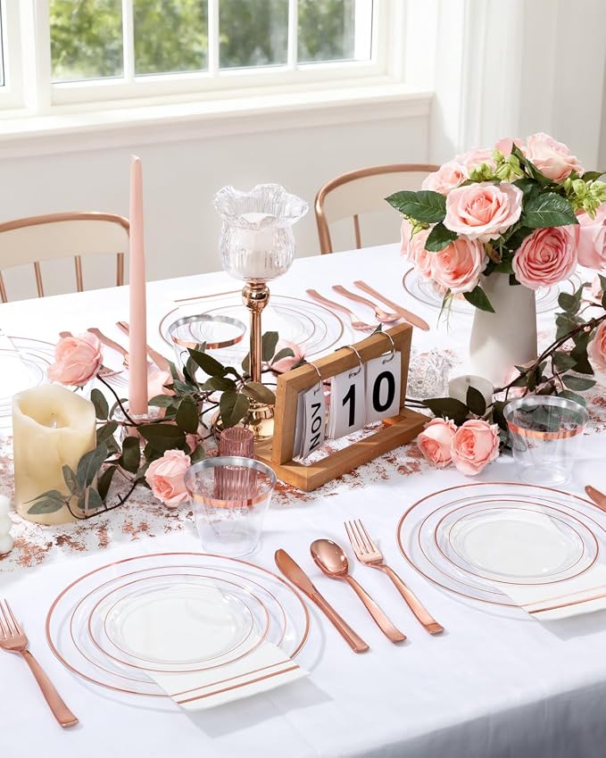 GATHER 700PCS Rose Gold Plastic Plates - Clear Rose Gold Rim Disposable Dinnerware Set Includes 200 Plates, 300 Silverware, 100 Napkins, 100 Cups for Party & Wedding