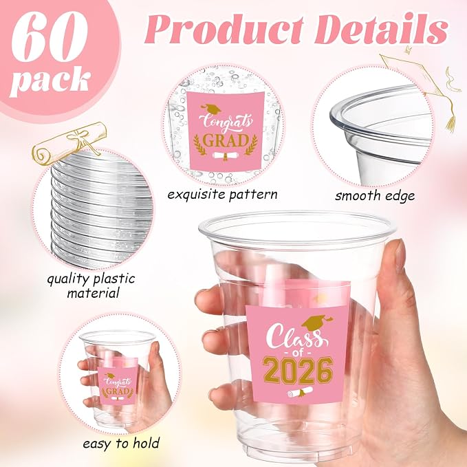 Amyhill 60 Pack 12oz Graduation Cups 2026 Graduation Decorations Disposable Plastic Cups Sturdy&Durable Drinkware for Class of 2026 Decorations Congrats Grad Party Favors Supplies (Pink)