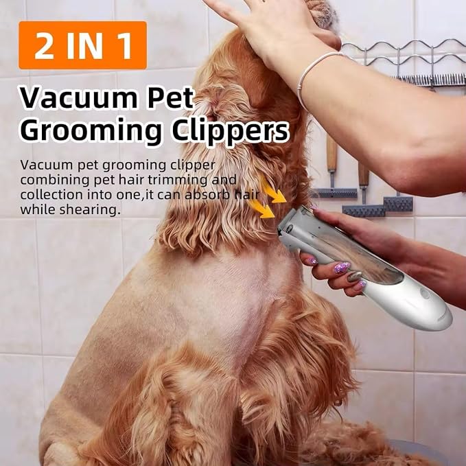 Omana 2-in-1 Portable Dog Grooming Vacuum Clipper Kit 3-Speed Low Noise Rechargeable Powerful Suction 99% Pet Cat Pet Hair Trimmer Shaver with Comb Shedding