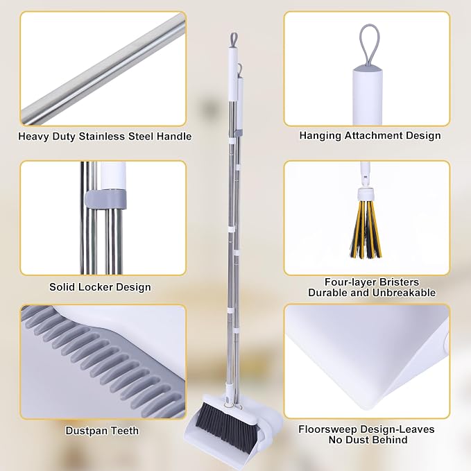 Ultimate Home Cleaning Bundle: Heavy Duty Upright Broom and Dustpan Set with Rotatable Head, 77.5" Extendable Window Squeegee Kit, 3-in-1 Microfiber Scrubber Floor Sweeper for RV, Kitchen, Car