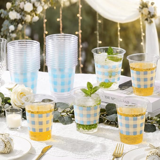 100 Pcs Blue Gingham Plastic Cups 12 oz Light Blue Checkered Plaid Disposable Plastic Drinking Cups Bulk for Baby Shower Wedding Birthday Christmas Party Decoration Supplies