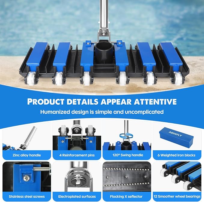 Pool Vacuum Head, Manual Pool Vacuum for Inground and Above Ground Pools Flexible Swivel Pool Head with Integrated Bottom Brush Swimming Pool Head for Absorb - 19 Inch Brush