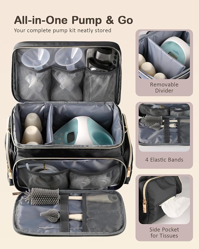 Breast Pump Bag Kit for Spectra S1/S2, Pumping Bag with Bottle Brush Set, 10 Flange Inserts for 24mm Flange, Nipple Ruler, Waterproof Mat, Pump Carrying Case for Work, Travel, Black